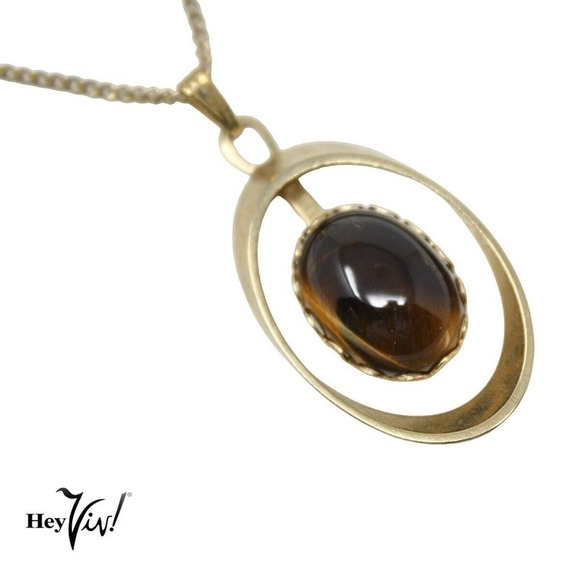 Vintage Gold Chain Necklace w Shiny Deep Brown Oval Pendant 18" Long - Hey Viv - Picture 2 of 5